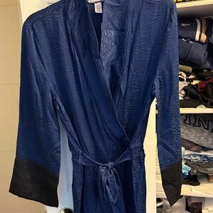 Victoria's Secret Deep Navy Satin Lounge romper with Black Hem